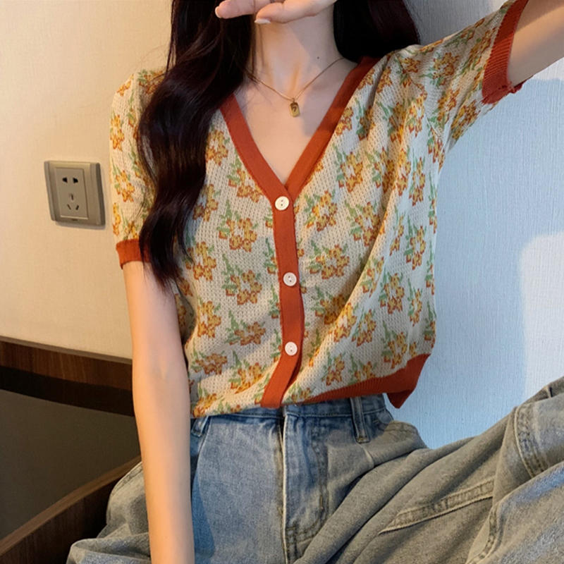 Summer High Waist Contrast Color Retro Knitted Cardigan