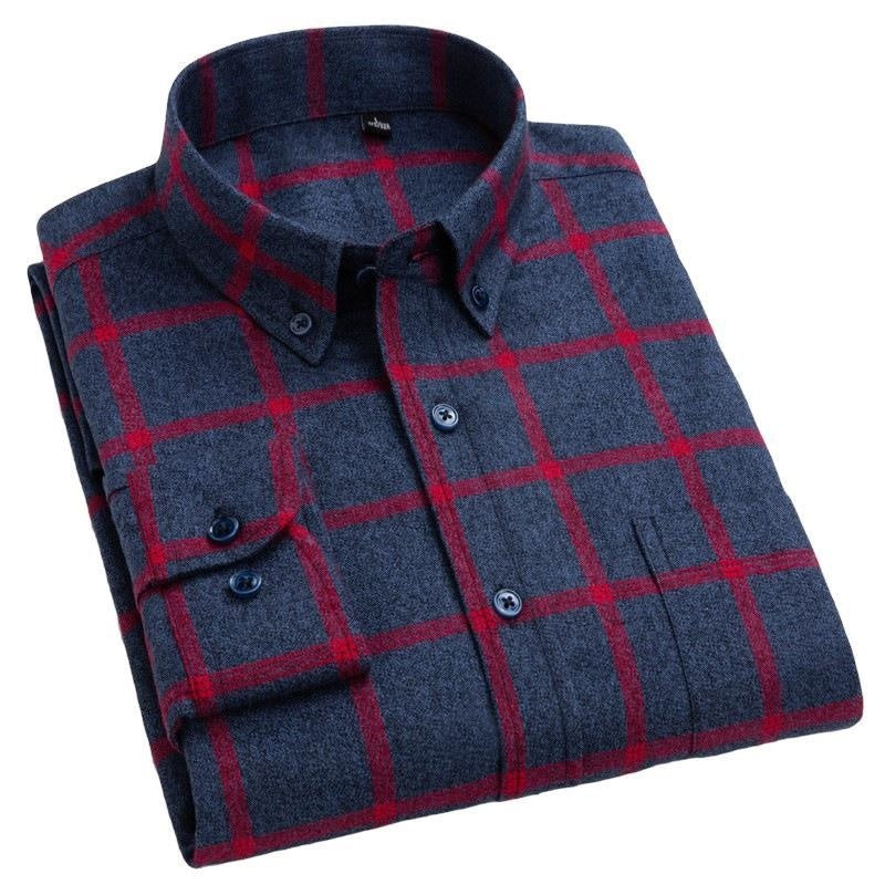Cotton Brushed Plaid Long Sleeve Business Casual Men's Shirt