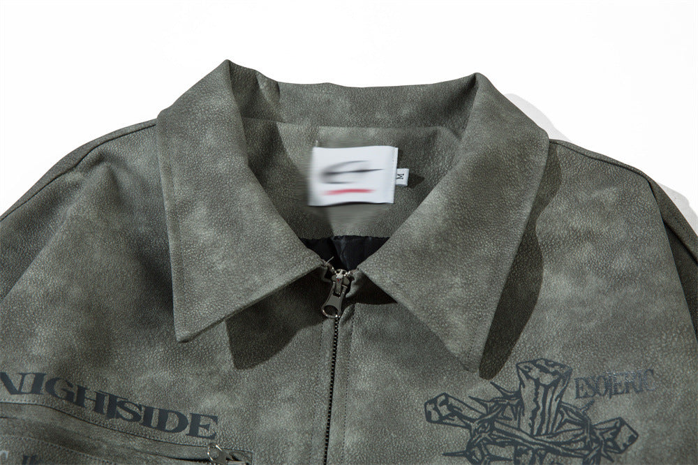 Men's Cross Print Loose Leather Jacket