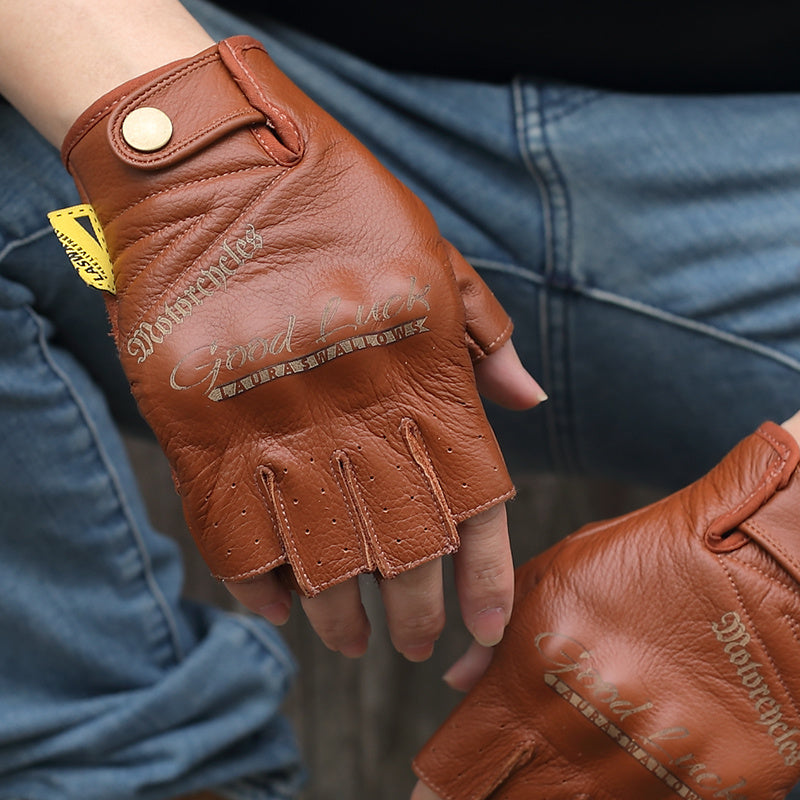 Yellow Cowhide Half Finger Motorcycle Gloves