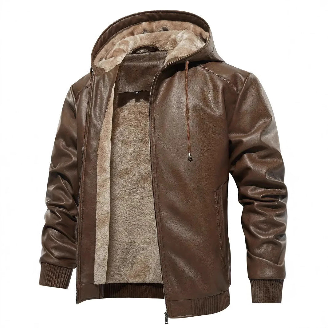Winter Fleece-lined Men's Casual All-matching Hooded Leather Coat Coat