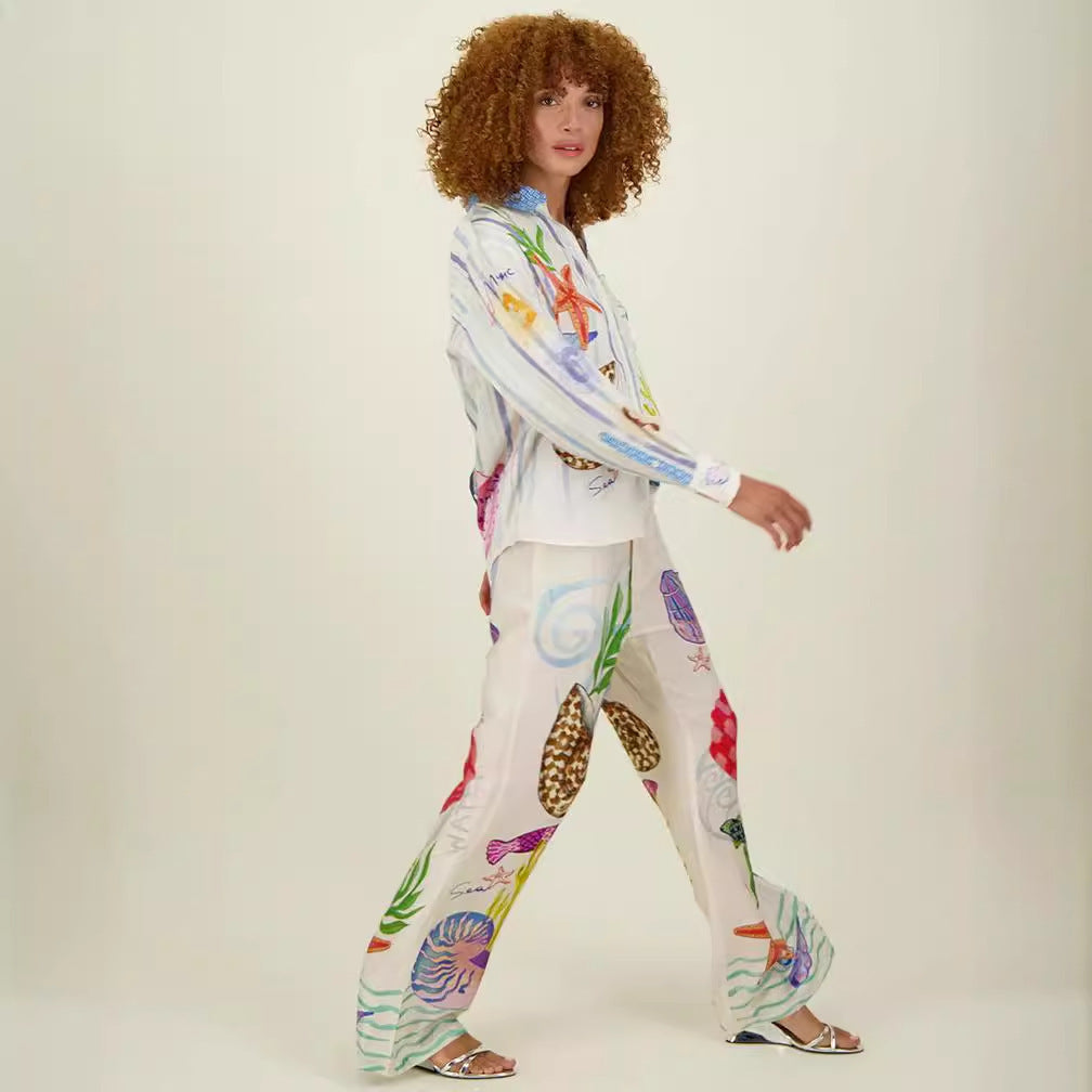 Satin Printed Graffiti Casual Shirt and Trousers Set