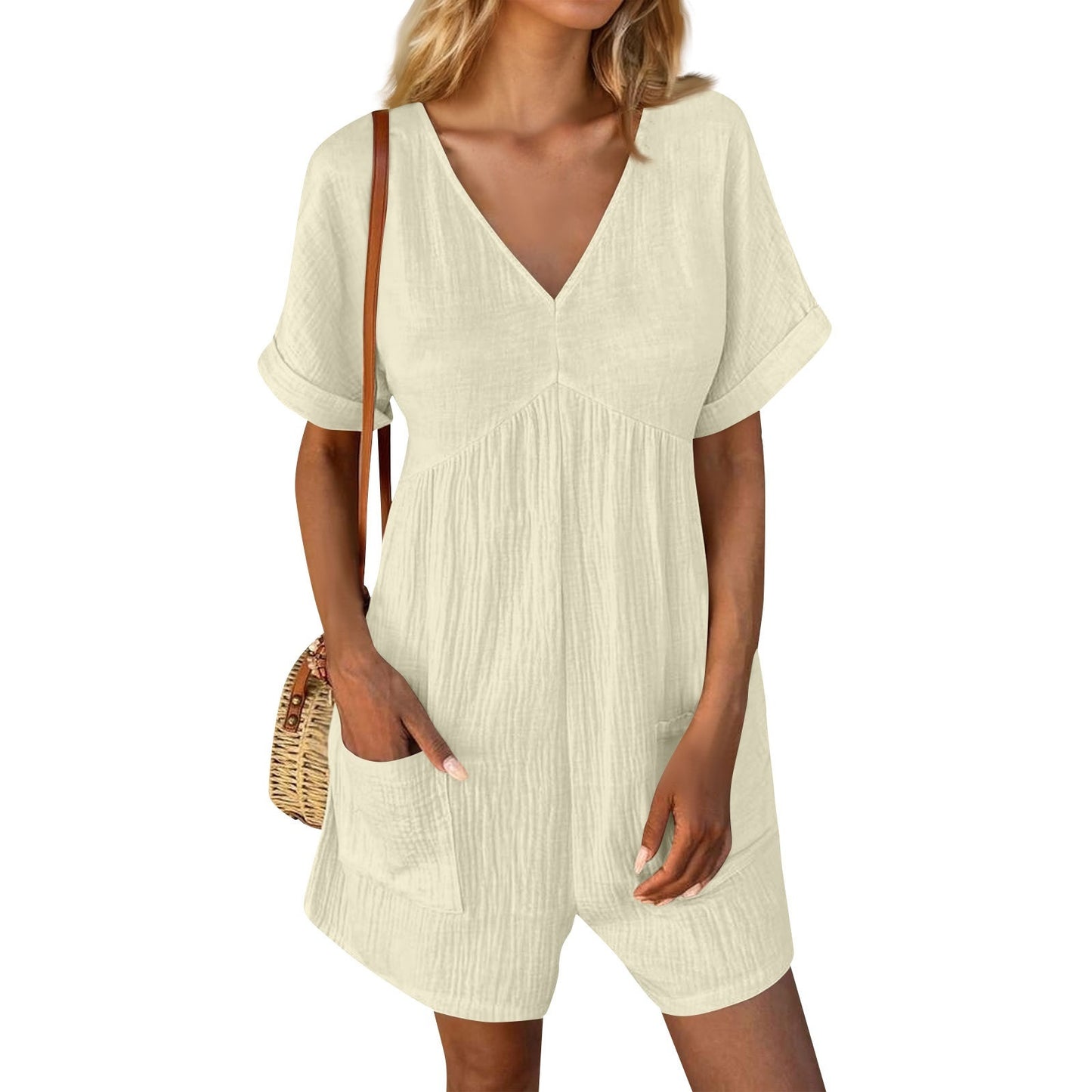 Solid Color V-neck Bat Sleeve Jumpsuit with Pockets