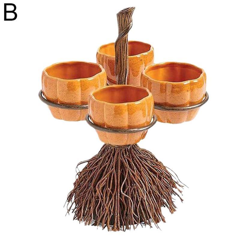 Halloween Broom Pumpkin Snack Bowl Rack Decor