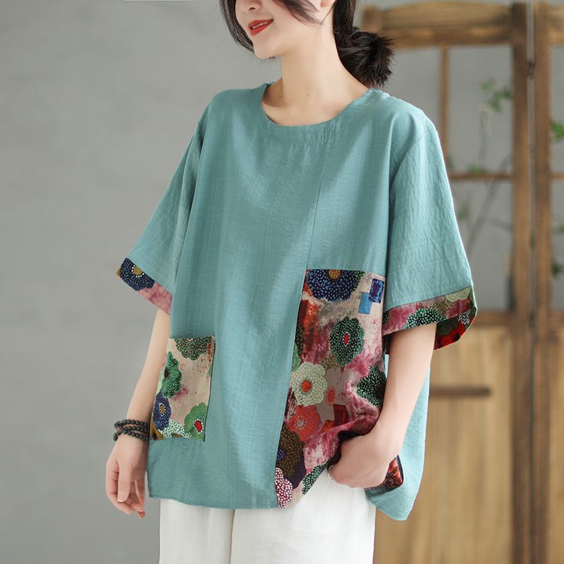 Retro Loose Color-Block Printed Top