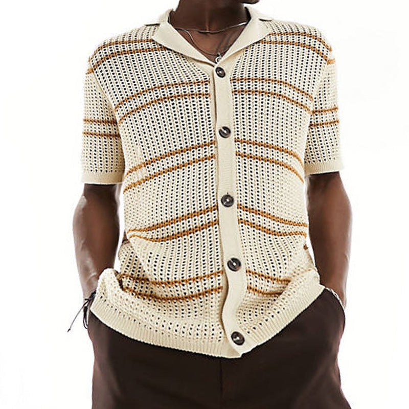 Men's Knitwear Lapel Short Sleeve Hollow Cardigan