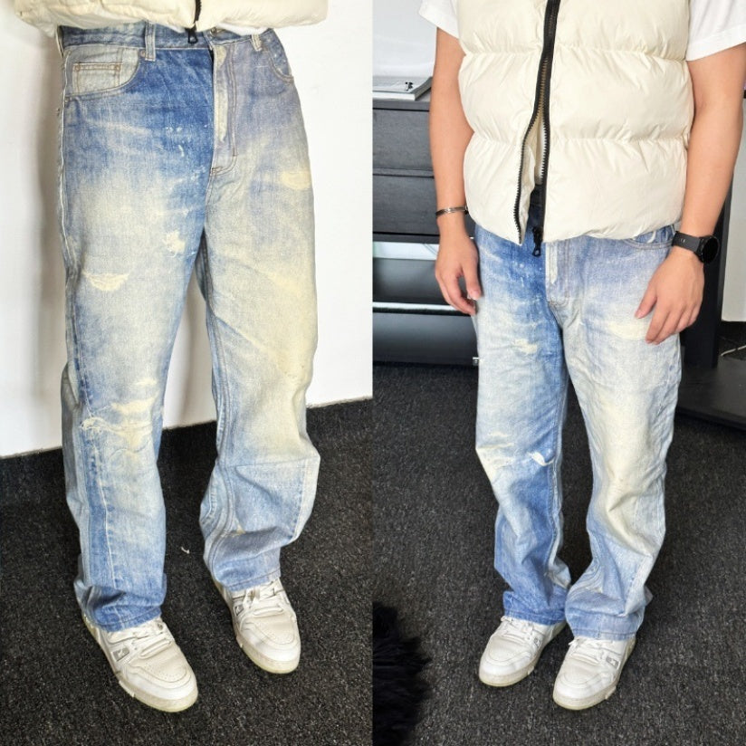 Digital Printed Gray White Washed Distressed Jeans