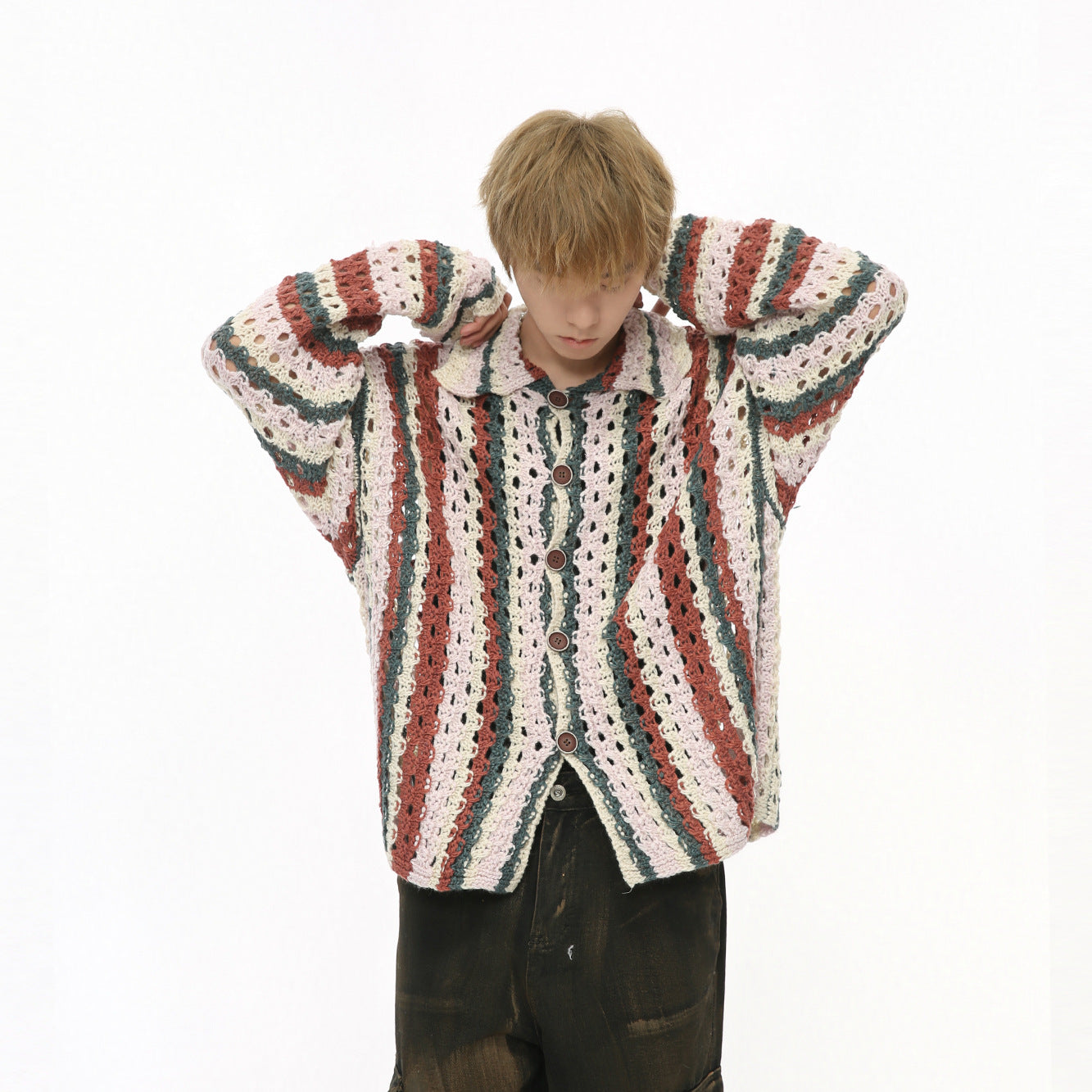 Rainbow Bar Contrast Color Hollow Knitted Cardigan