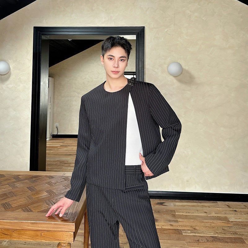 Bootcut Casual Autumn Striped O-neck Short Suit