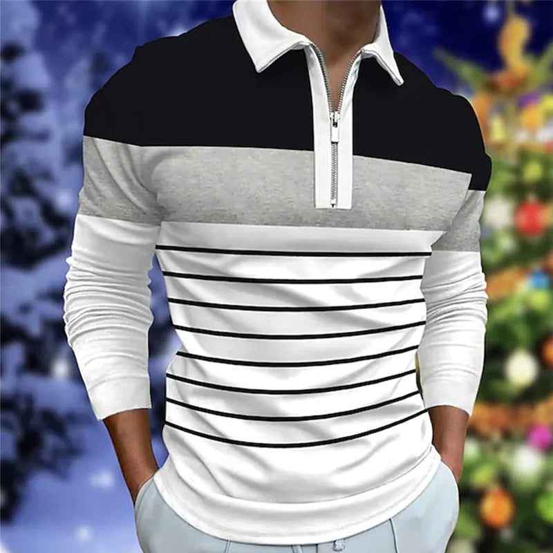 Men's Long Sleeve Color Block Zipper Polo Shirt