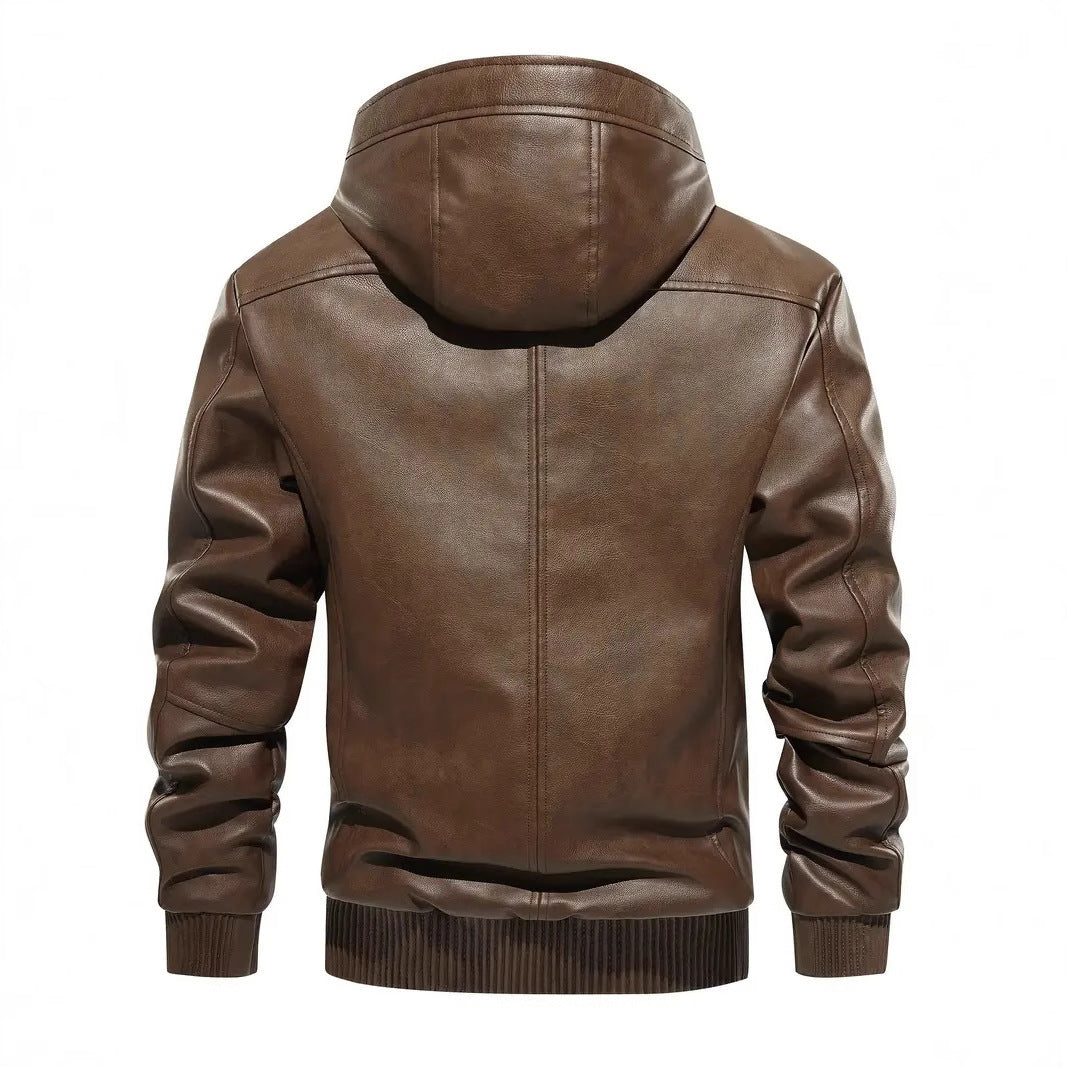 Winter Fleece-lined Men's Casual All-matching Hooded Leather Coat Coat