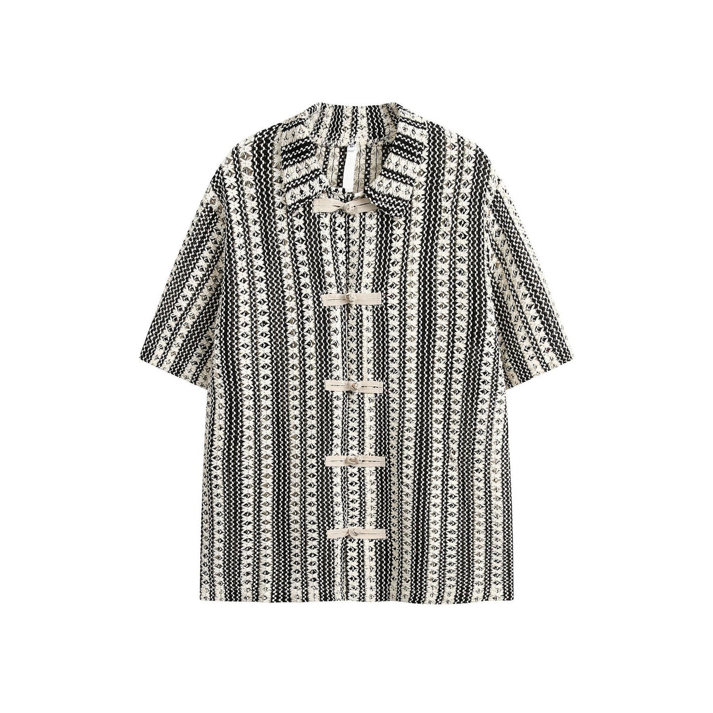 Summer Beige Black Colorblock Turnover Neck Shirt