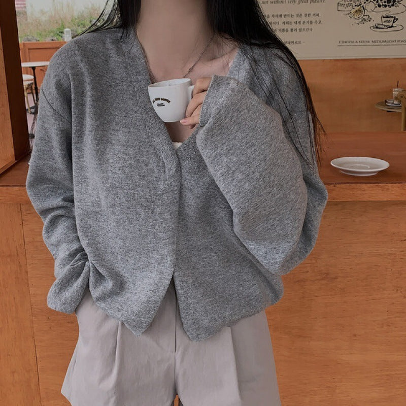 Idle Style V-neck Buckle Soft Loose All-match Long-sleeved Knitted Cardigan