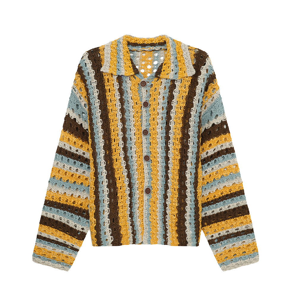 Rainbow Bar Contrast Color Hollow Knitted Cardigan