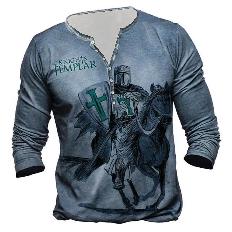 Open Placket Button Digital Print Long Sleeve T-shirt