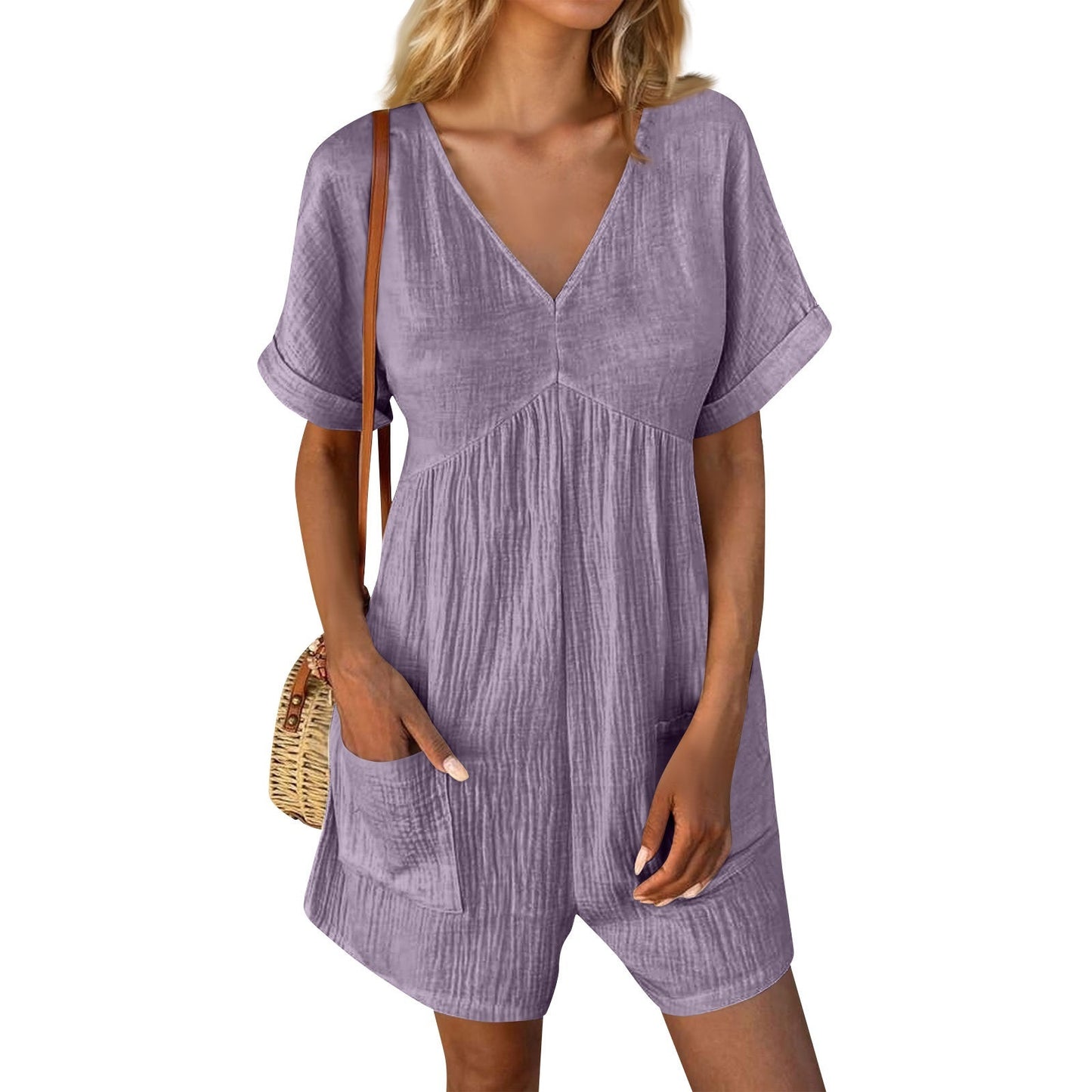 Solid Color V-neck Bat Sleeve Jumpsuit with Pockets