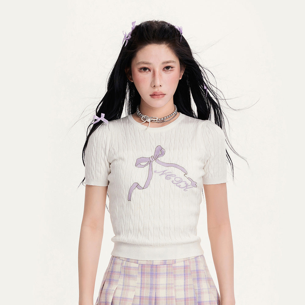Bow Embroidered Hollow-Out Short Sweater