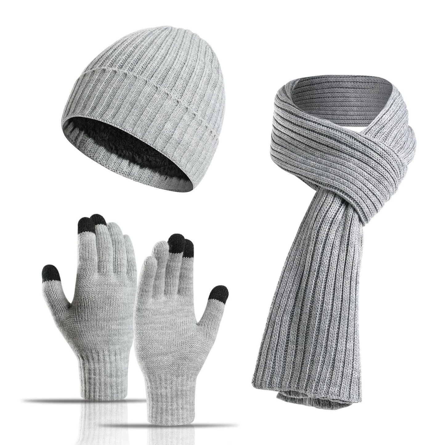 Winter Solid Color Knitted Scarf Hat Gloves Set