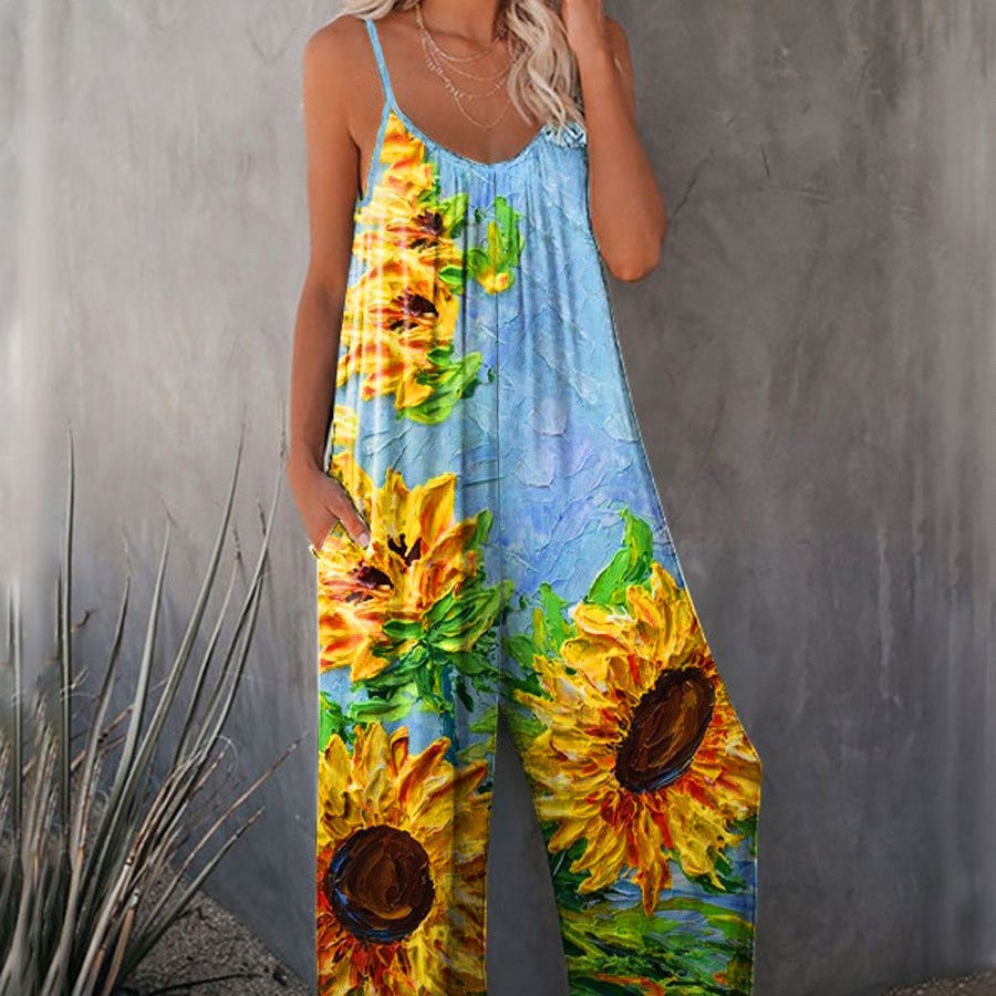 Spring And Summer Bohemian Style Sunflower Print Pleated Suspenders