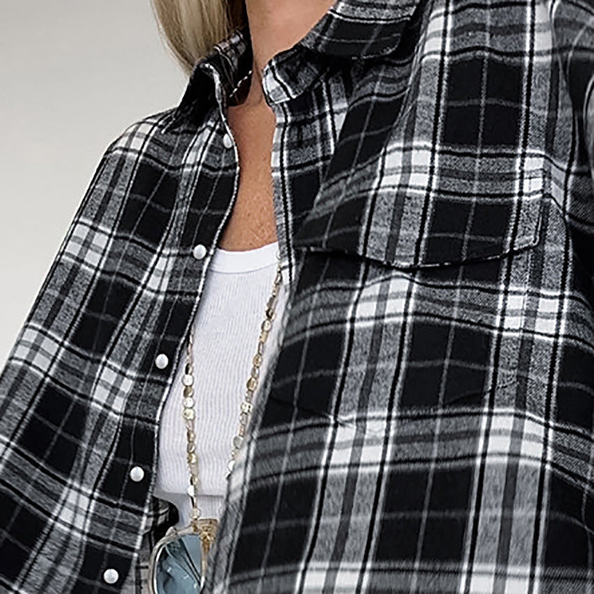 Black And White Lattice Pattern Shirt Loose-fitting Women's