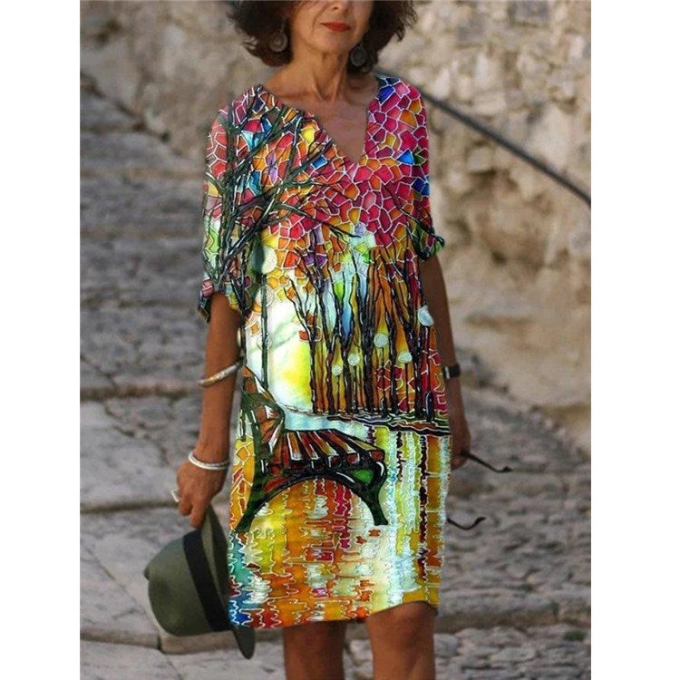 Women's Printed Loose Bamboo Fiber Linen Floral Short Sleeves