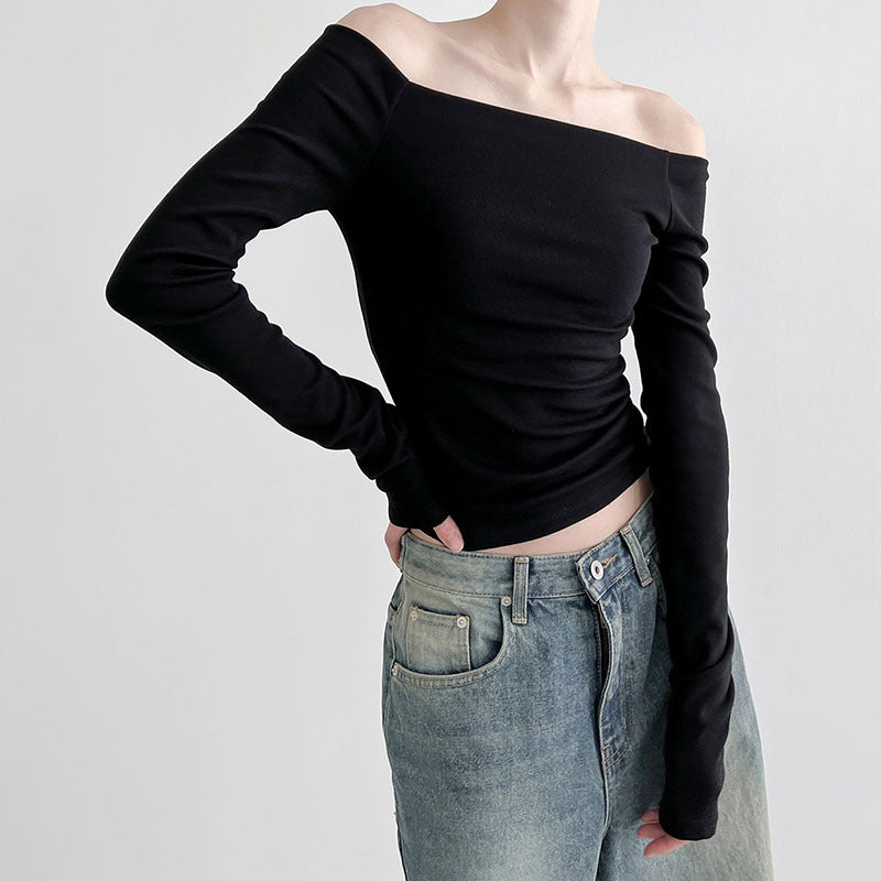 Ins Style Simple Solid Color Off-neck Shoulder-baring Bottoming T-shirt