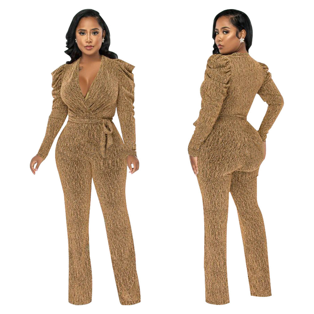 Sexy Waist Trimming V-neck Puff Sleeve Glossy Knitted Jumpsuit