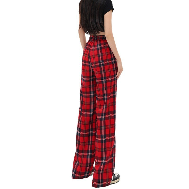 Women's Mop Drawstring Plaid Casual Pants
