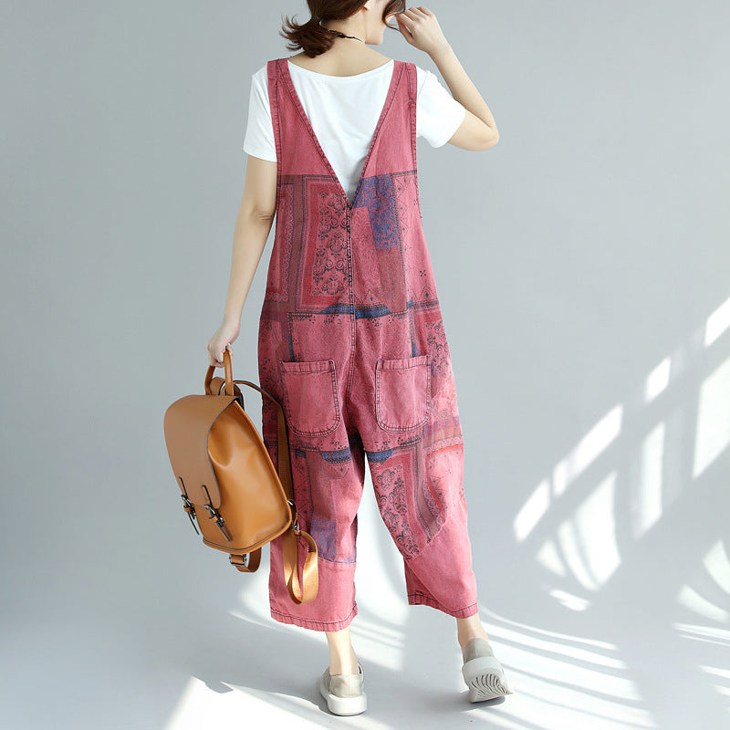 Printed Denim Suspender Pants with Worn-Out Look