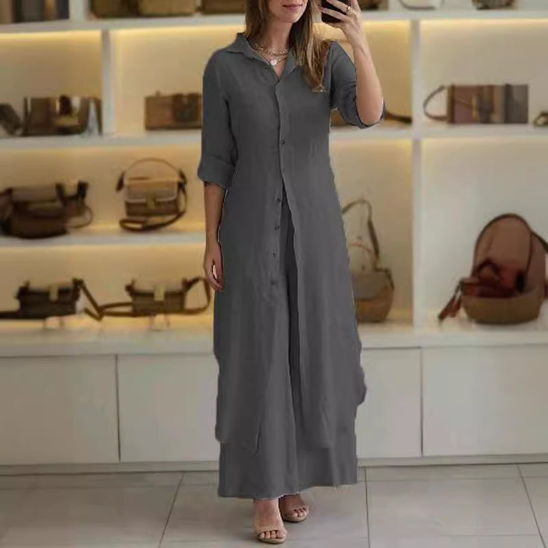 Slim-Fit Cotton Linen Long Shirt Wide-Leg Pants Suit