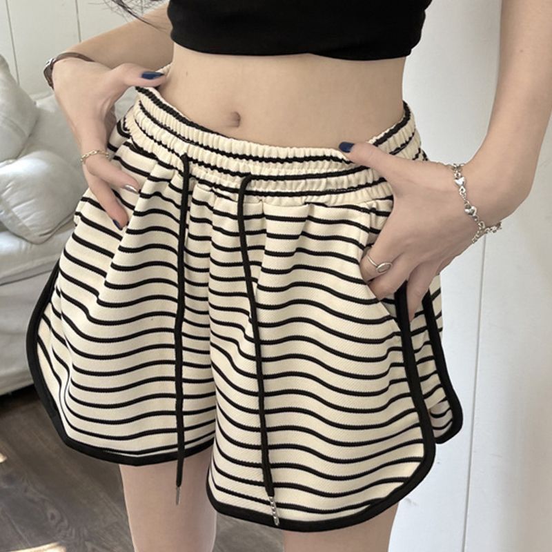 Versatile High Waist Striped Elastic Shorts