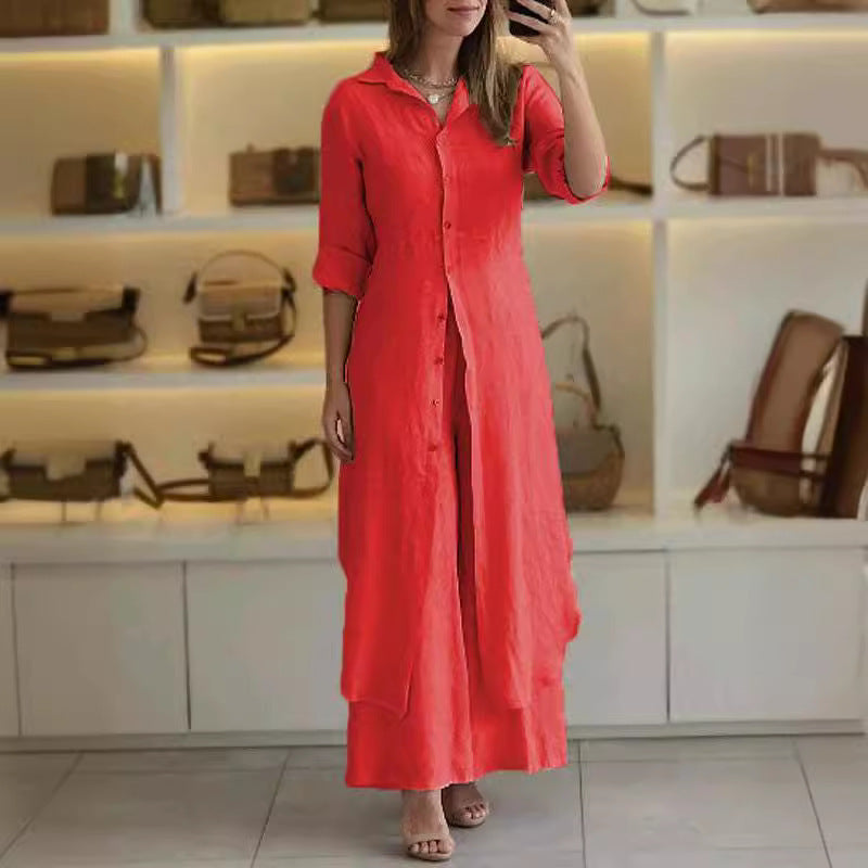 Slim-Fit Cotton Linen Long Shirt Wide-Leg Pants Suit