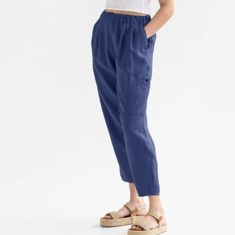 Loose High Waist Cotton And Linen Casual Pocket Casual Pants Women