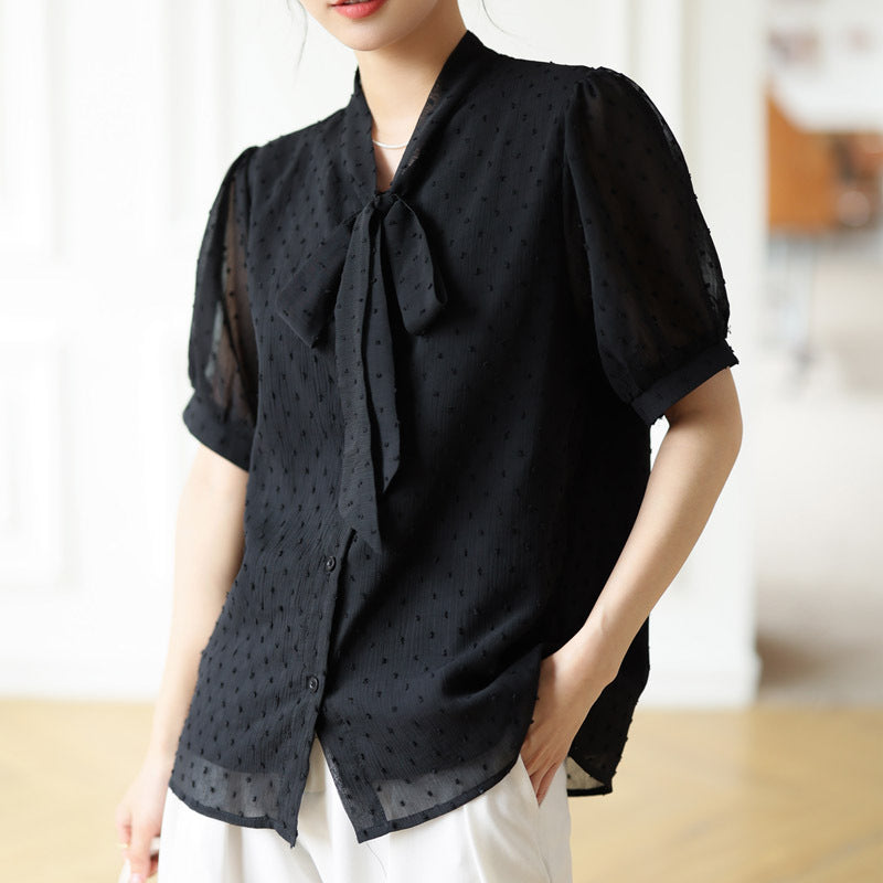 Bow Lace-up Polka Dots Short Sleeve Top