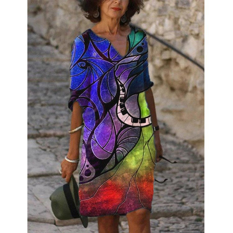 Women's Printed Loose Bamboo Fiber Linen Floral Short Sleeves