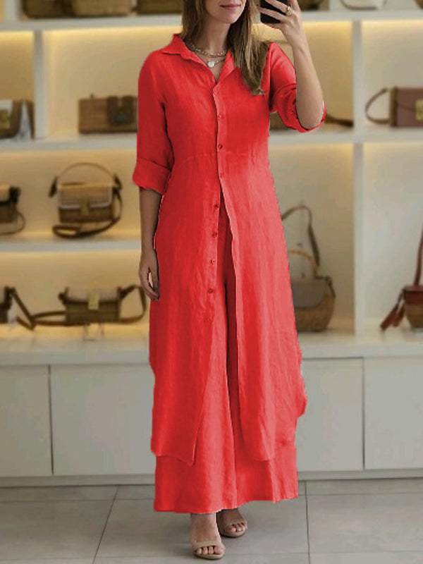 Slim-Fit Cotton Linen Long Shirt Wide-Leg Pants Suit