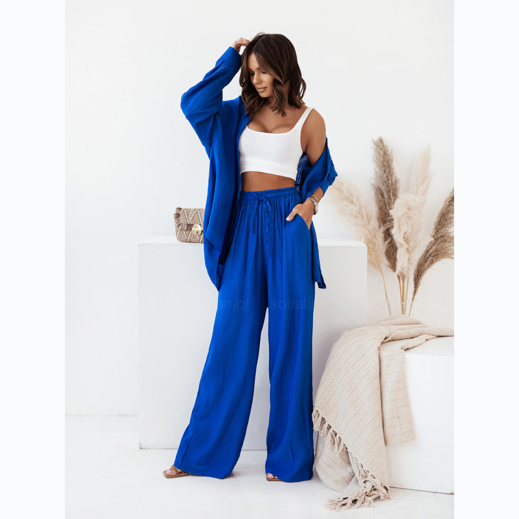 Solid Color Long Sleeve Blouse Pants