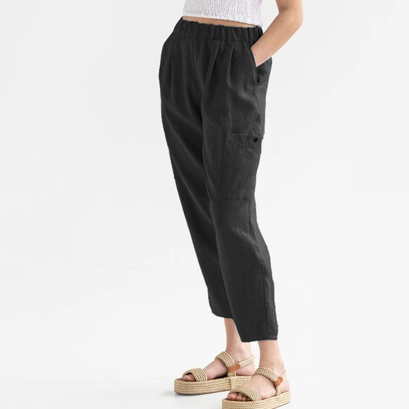 Loose High Waist Cotton And Linen Casual Pocket Casual Pants Women