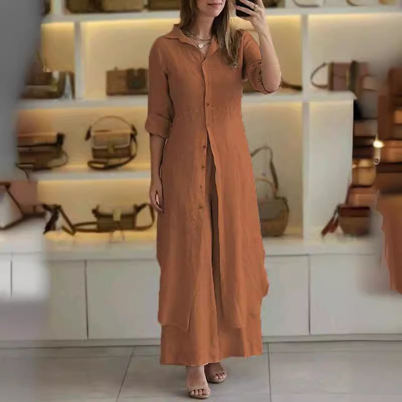 Slim-Fit Cotton Linen Long Shirt Wide-Leg Pants Suit
