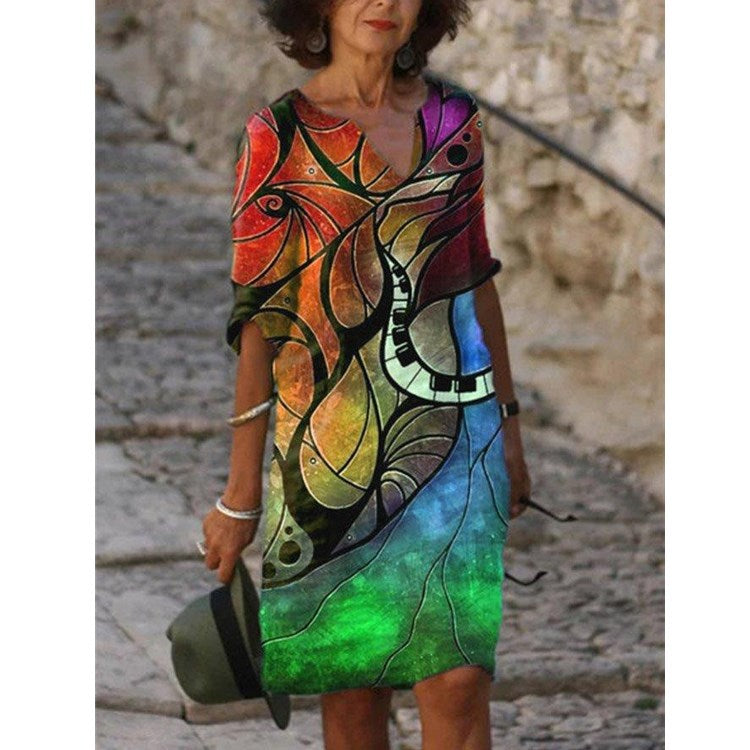 Women's Printed Loose Bamboo Fiber Linen Floral Short Sleeves