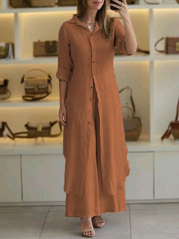 Slim-Fit Cotton Linen Long Shirt Wide-Leg Pants Suit