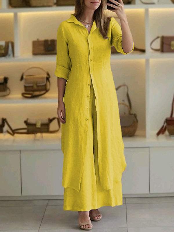 Slim-Fit Cotton Linen Long Shirt Wide-Leg Pants Suit