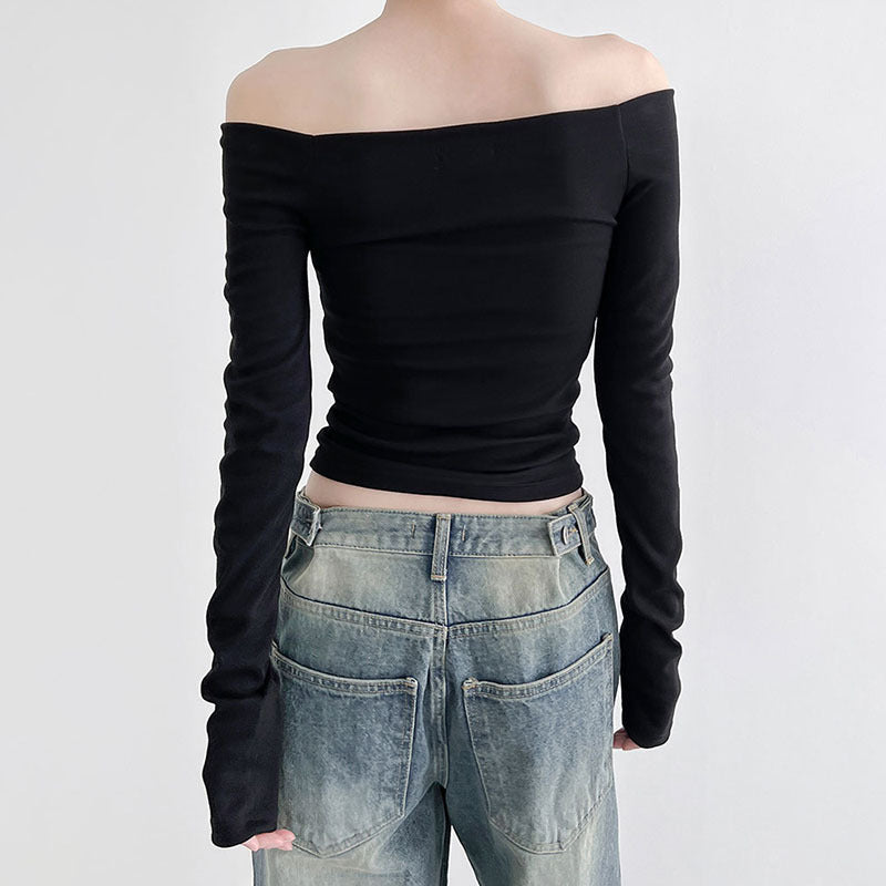 Ins Style Simple Solid Color Off-neck Shoulder-baring Bottoming T-shirt