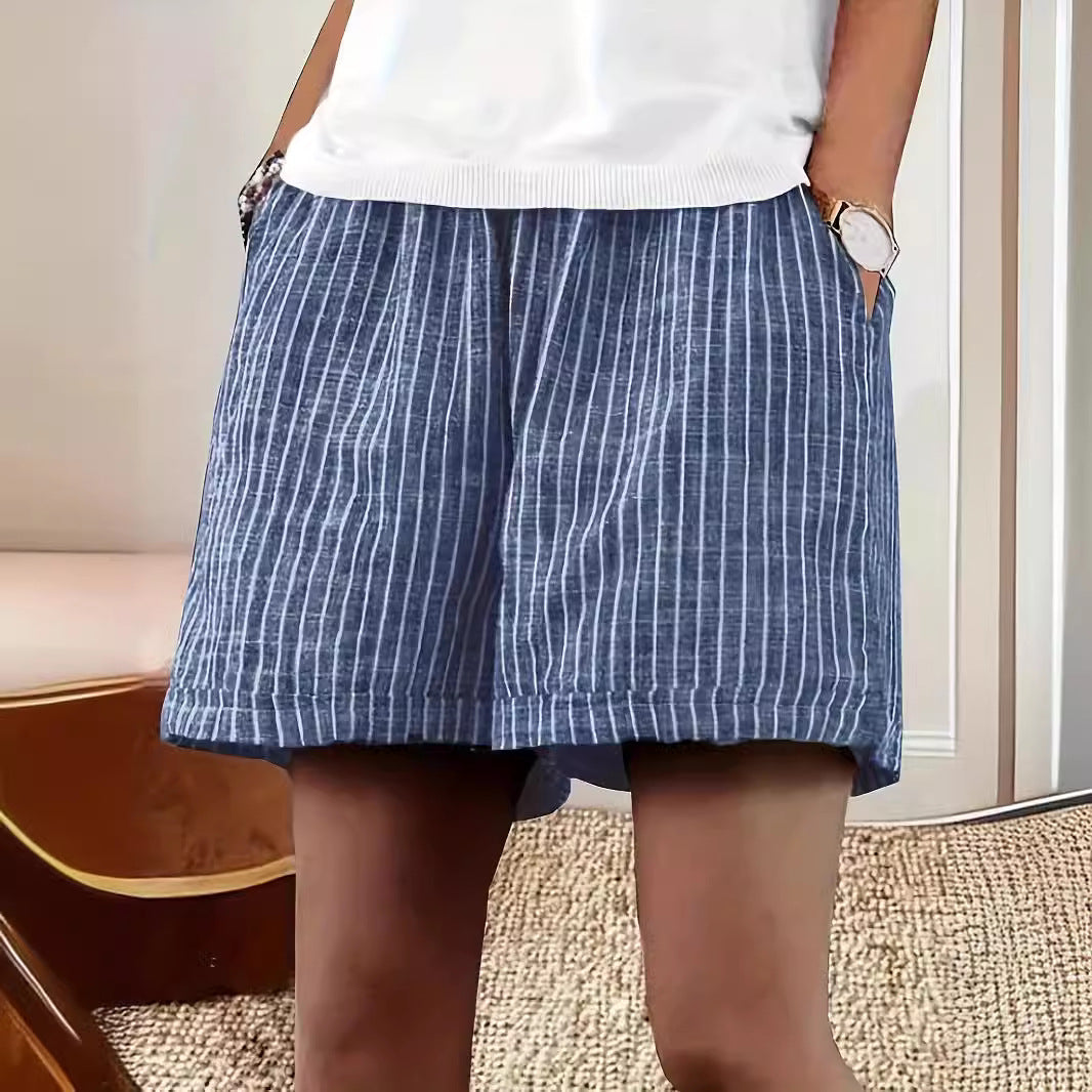 Women's Casual Cotton And Linen Stripes Shorts