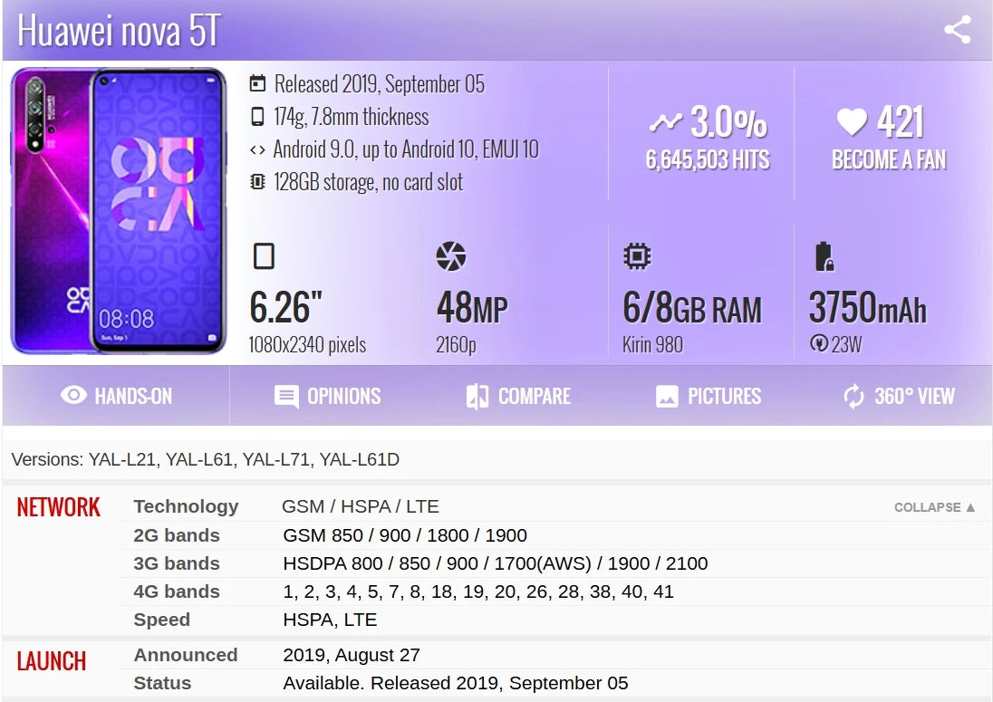HUAWEI Nova 5T Smartphone Android Google Play Store 48MP Camera 6.26 inch 128GB 256GB ROM Mobile phones 4G Network Cell phone