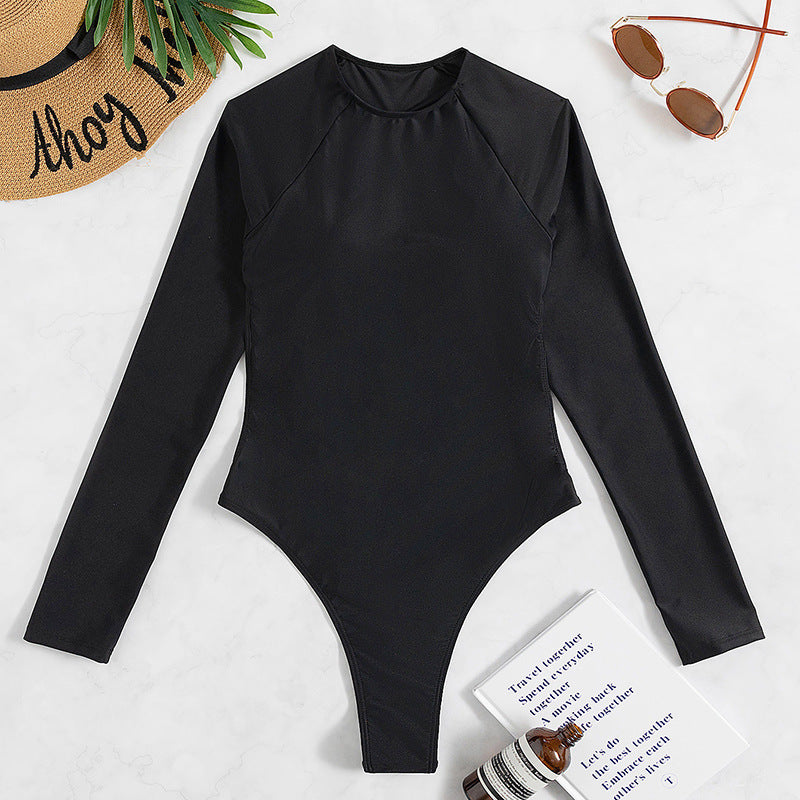 Long Sleeve Backless T-back Light Diamond One-piece Swimsuit
