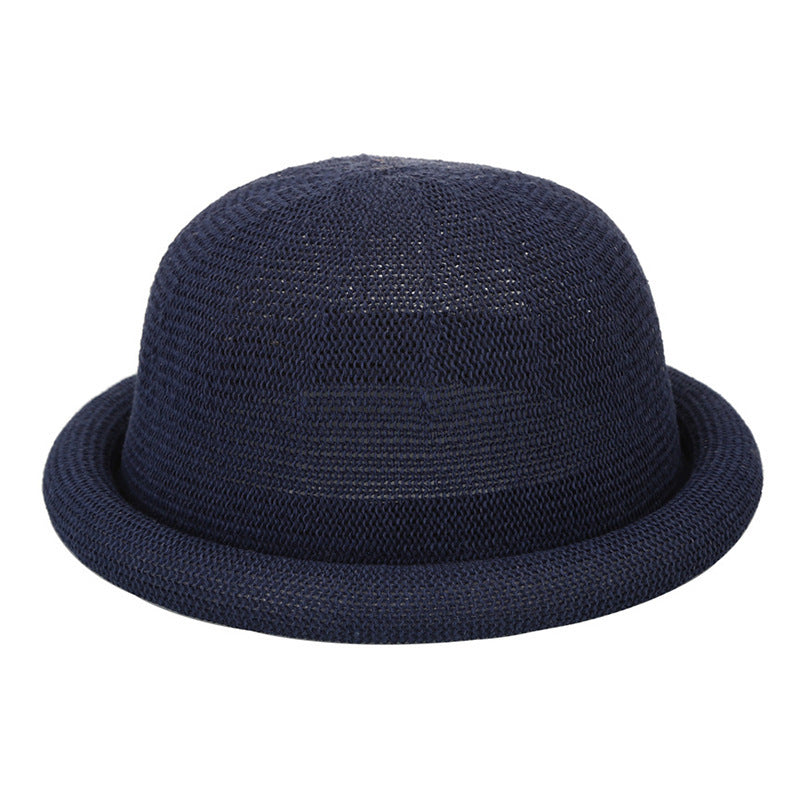 Women's Straw Yarn Curled Brim Round Crown Top Hat Leisure Basin Hat