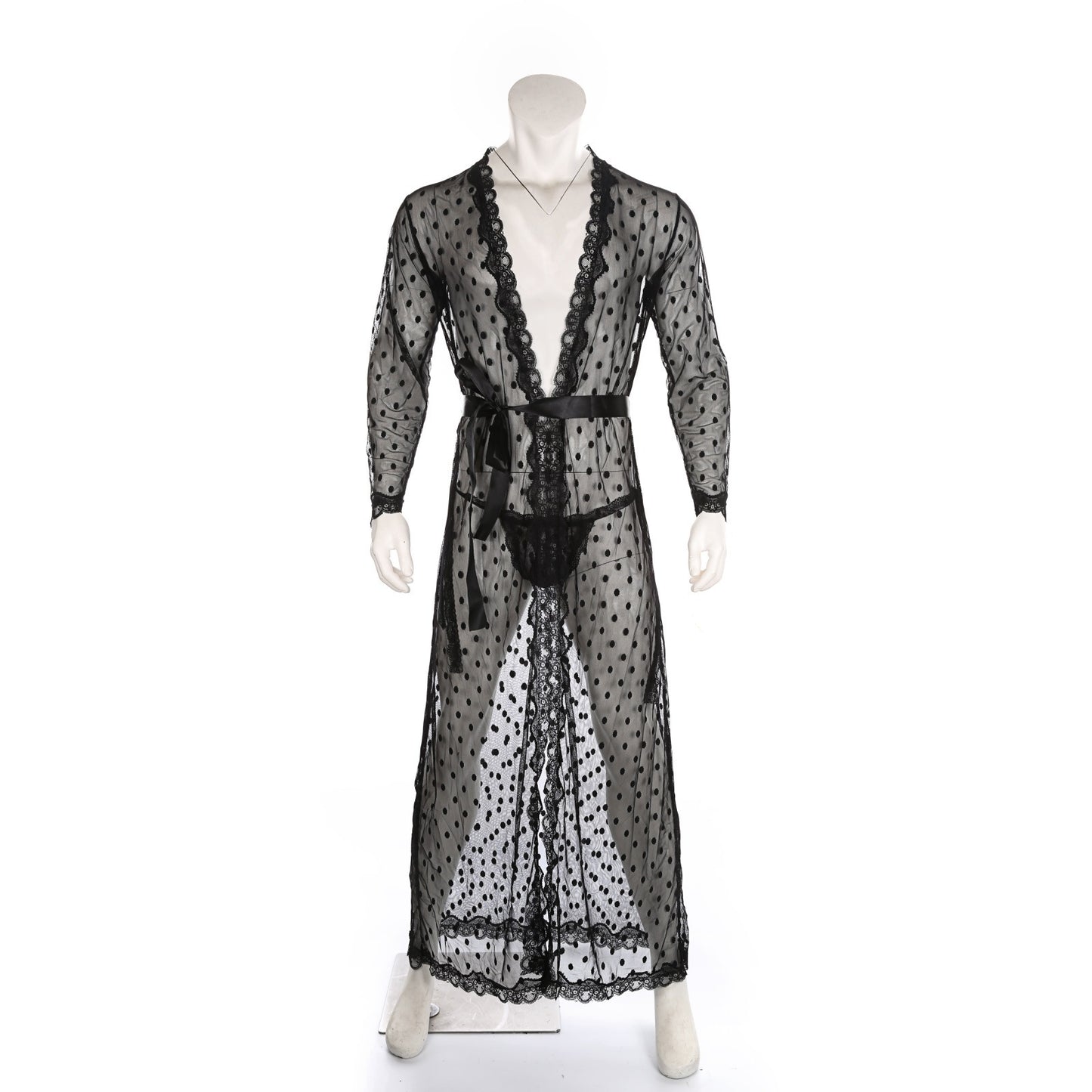 Men's Polka Dot Japanese Kimono Silky Lace Bathrobe