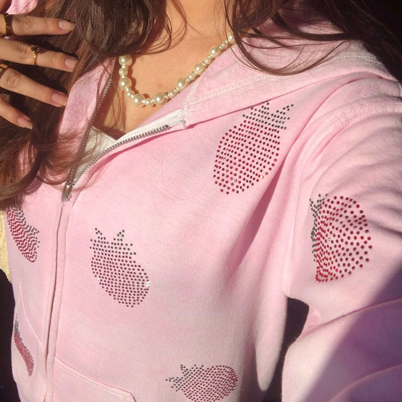 Women's Loose Strawberry Pattern Rhinestone Zipper Hoodie Coat