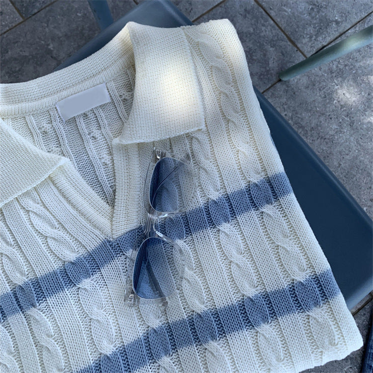 Lightweight Y-shaped Lapel Vertical Striped Sweater